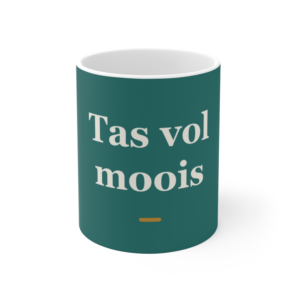 Mok met tekst “Tas vol moois” — cadeau voor een schoonheidsspecialiste
