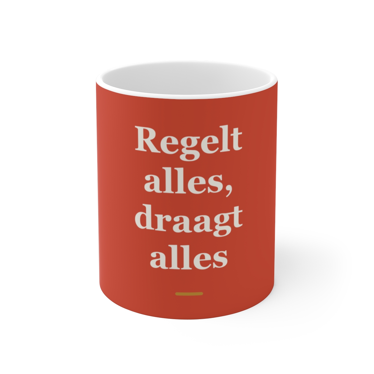 Mok met tekst “Regelt alles, draagt alles” — cadeau voor een secretaresse