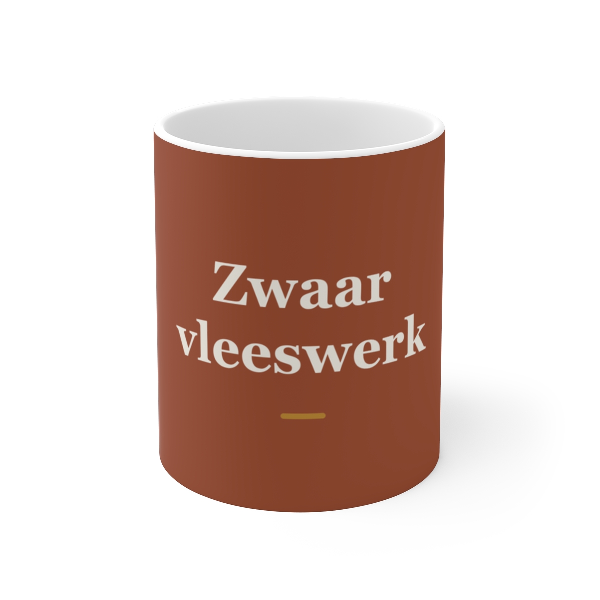 Mok met tekst “Zwaar vleeswerk” — cadeau voor een slager