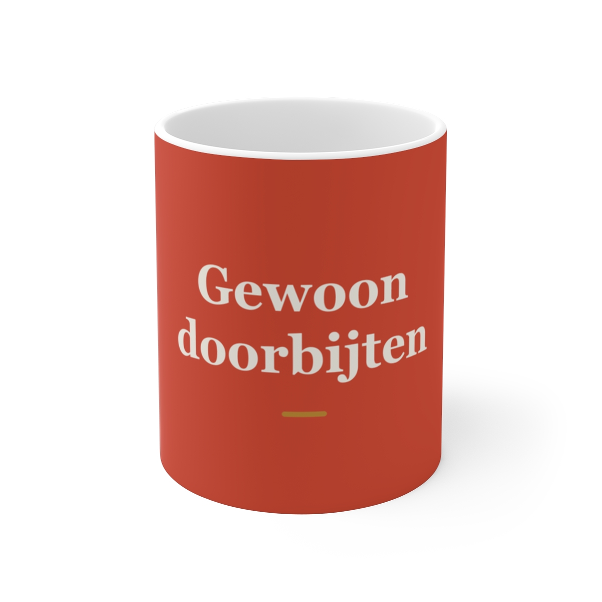 Mok met tekst “Gewoon doorbijten” — cadeau voor een tandarts