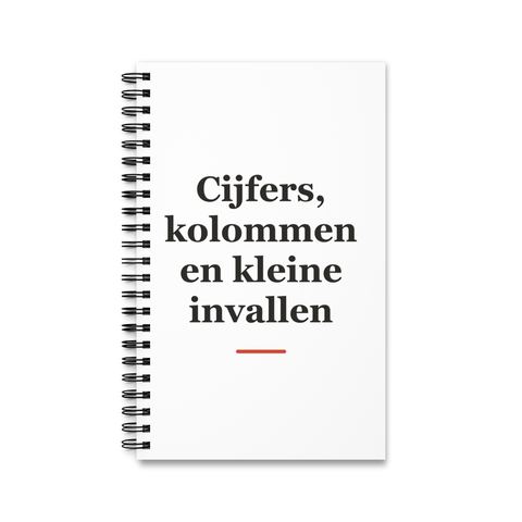 Notitieboek met tekst “Cijfers, kolommen en kleine invallen” — cadeau voor een accountant
