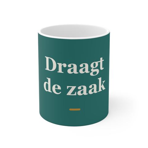 Mok met tekst “Draagt de zaak” — cadeau voor een advocaat