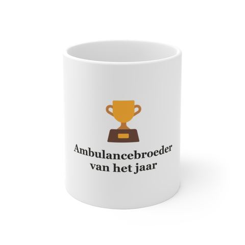 Mok met tekst “Ambulancebroeder van het jaar” — cadeau voor een ambulancebroeder