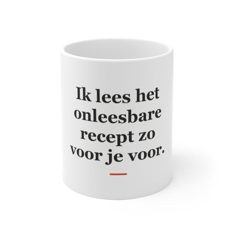 Mok met tekst “Ik lees het onleesbare recept zo voor je voor.” — cadeau voor een apotheker