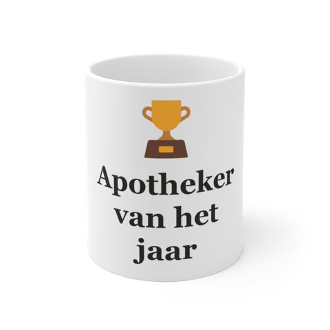Mok met tekst “Apotheker van het jaar” — cadeau voor een apotheker