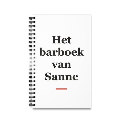 Notitieboek met tekst “Het barboek van Sanne” — cadeau voor een barman