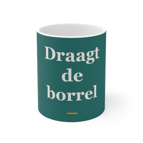 Mok met tekst “Draagt de borrel” — cadeau voor een barman