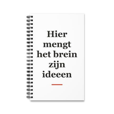 Notitieboek met tekst “Hier mengt het brein zijn ideeen” — cadeau voor een barman