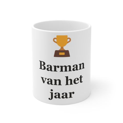 Mok met tekst “Barman van het jaar” — cadeau voor een barman