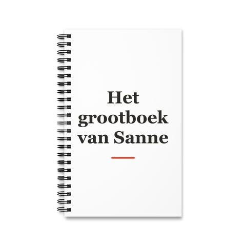 Notitieboek met tekst “Het grootboek van Sanne” — cadeau voor een boekhouder