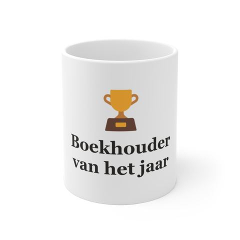 Mok met tekst “Boekhouder van het jaar” — cadeau voor een boekhouder