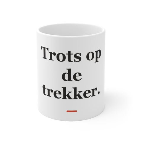 Mok met tekst “Trots op de trekker.” — cadeau voor een boer