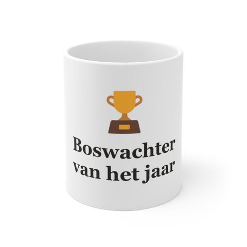 Mok met tekst “Boswachter van het jaar” — cadeau voor een boswachter