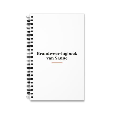Notitieboek met tekst “Brandweer-logboek van Sanne” — cadeau voor een brandweerman