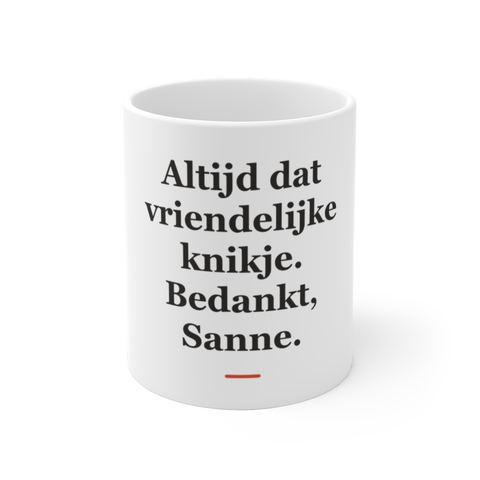 Mok met tekst “Altijd dat vriendelijke knikje. Bedankt, Sanne.” — cadeau voor een buschauffeur