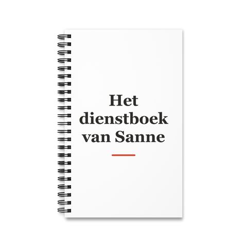 Notitieboek met tekst “Het dienstboek van Sanne” — cadeau voor een buschauffeur