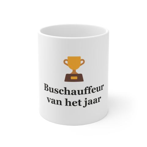 Mok met tekst “Buschauffeur van het jaar” — cadeau voor een buschauffeur