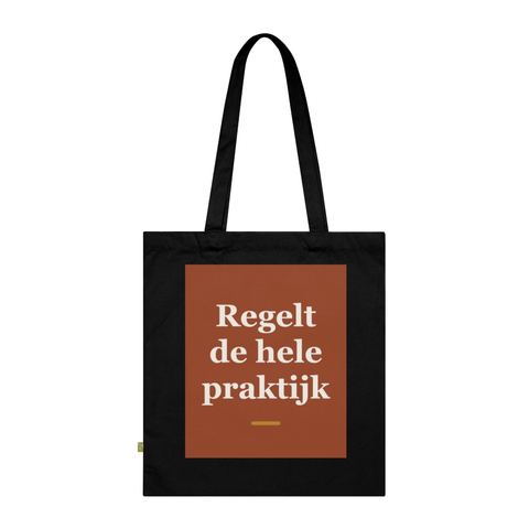 Tote bag met tekst “Regelt de hele praktijk” — cadeau voor een doktersassistent