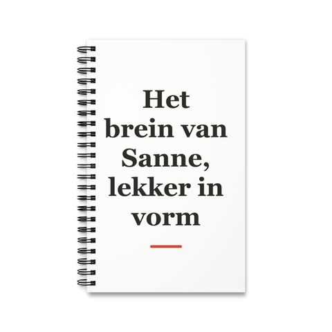Notitieboek met tekst “Het brein van Sanne, lekker in vorm” — cadeau voor een fysiotherapeut