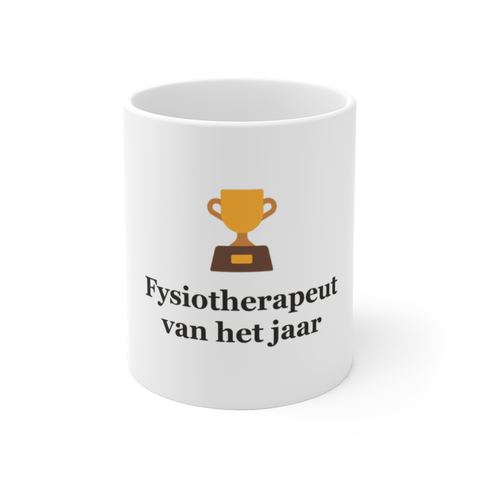 Mok met tekst “Fysiotherapeut van het jaar” — cadeau voor een fysiotherapeut