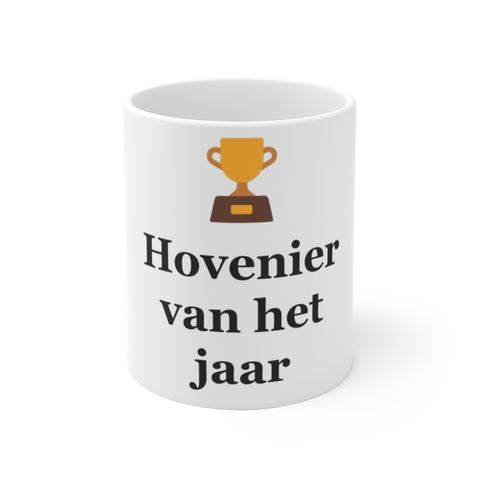 Mok met tekst “Hovenier van het jaar” — cadeau voor een hovenier