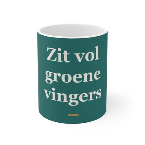 Mok met tekst “Zit vol groene vingers” — cadeau voor een hovenier