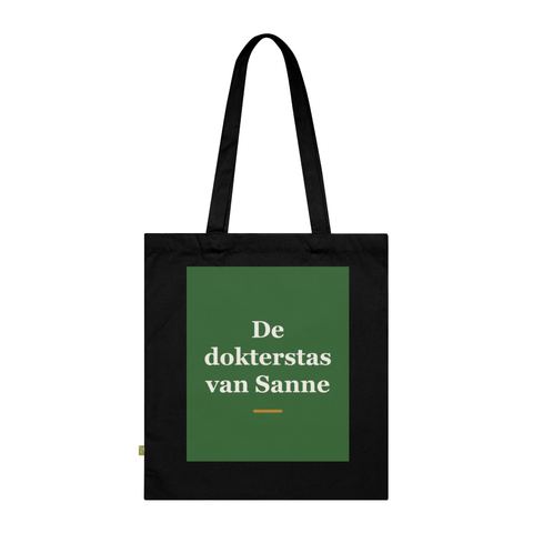 Tote bag met tekst “De dokterstas van Sanne” — cadeau voor een huisarts