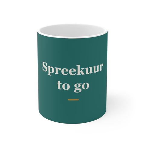 Mok met tekst “Spreekuur to go” — cadeau voor een huisarts