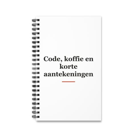 Notitieboek met tekst “Code, koffie en korte aantekeningen” — cadeau voor een ICT'er