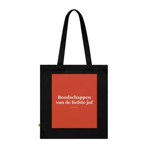 Tote bag met tekst “Boodschappen van de liefste juf” — cadeau voor een juf