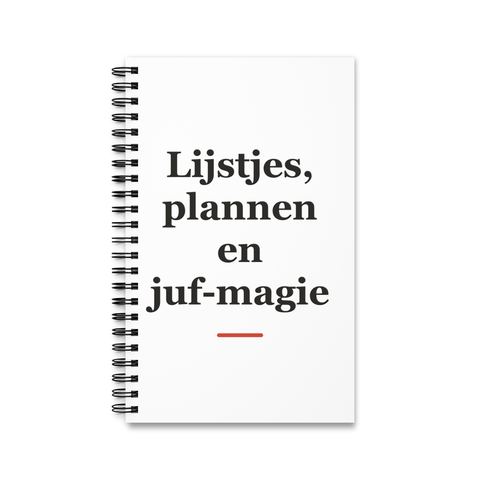 Notitieboek met tekst “Lijstjes, plannen en juf-magie” — cadeau voor een juf