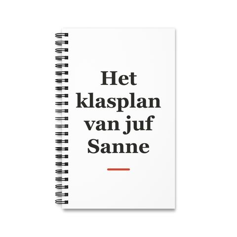 Notitieboek met tekst “Het klasplan van juf Sanne” — cadeau voor een juf