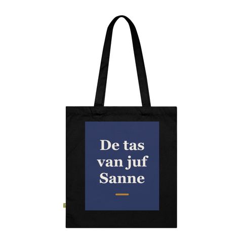 Tote bag met tekst “De tas van juf Sanne” — cadeau voor een juf