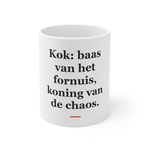 Mok met tekst “Kok: baas van het fornuis, koning van de chaos.” — cadeau voor een kok