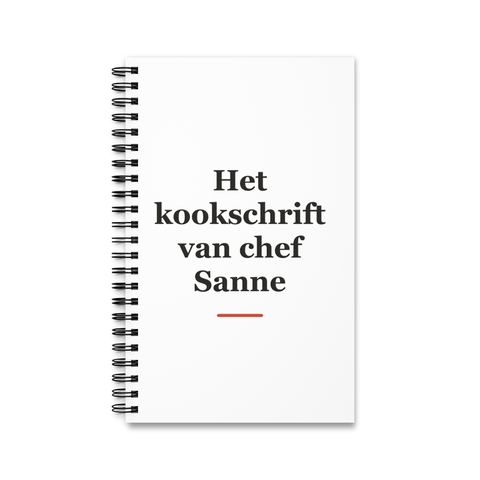 Notitieboek met tekst “Het kookschrift van chef Sanne” — cadeau voor een kok