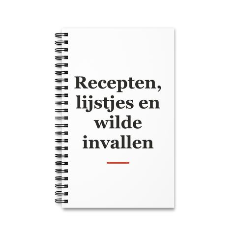 Notitieboek met tekst “Recepten, lijstjes en wilde invallen” — cadeau voor een kok