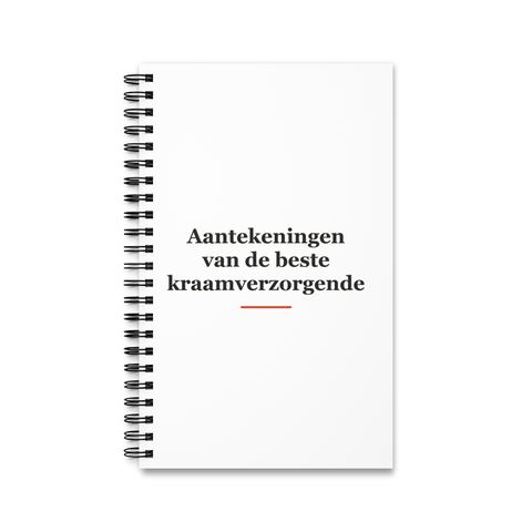Notitieboek met tekst “Aantekeningen van de beste kraamverzorgende” — cadeau voor een kraamverzorgende