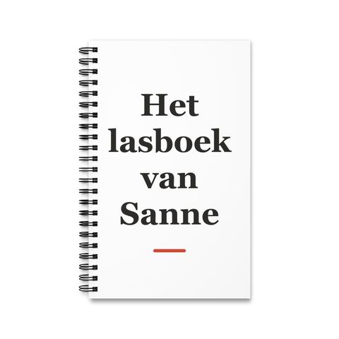 Notitieboek met tekst “Het lasboek van Sanne” — cadeau voor een lasser
