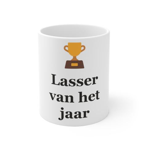 Mok met tekst “Lasser van het jaar” — cadeau voor een lasser
