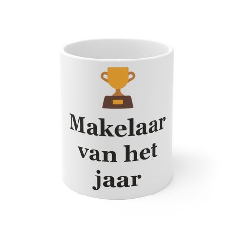 Mok met tekst “Makelaar van het jaar” — cadeau voor een makelaar