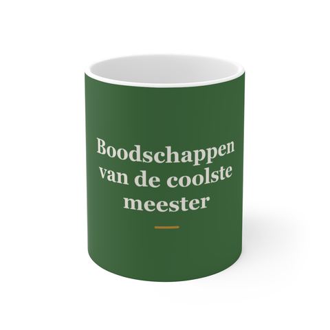 Mok met tekst “Boodschappen van de coolste meester” — cadeau voor een meester