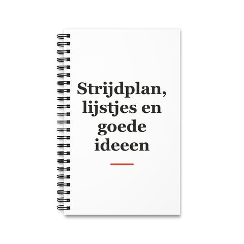 Notitieboek met tekst “Strijdplan, lijstjes en goede ideeen” — cadeau voor een militair