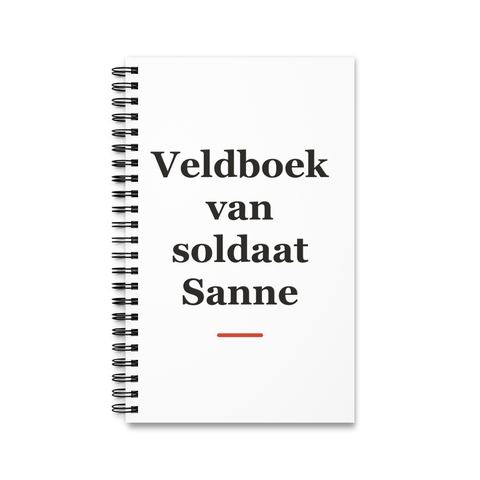 Notitieboek met tekst “Veldboek van soldaat Sanne” — cadeau voor een militair