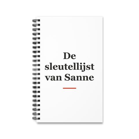 Notitieboek met tekst “De sleutellijst van Sanne” — cadeau voor een monteur