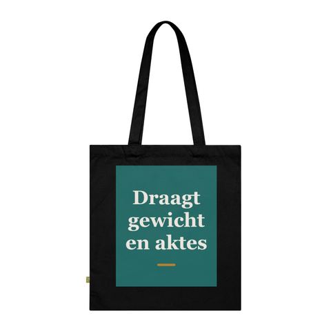 Tote bag met tekst “Draagt gewicht en aktes” — cadeau voor een notaris