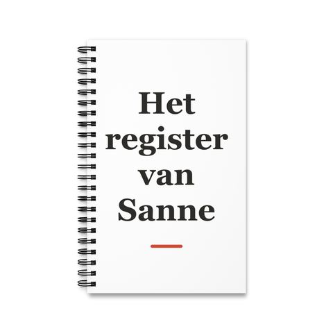Notitieboek met tekst “Het register van Sanne” — cadeau voor een notaris