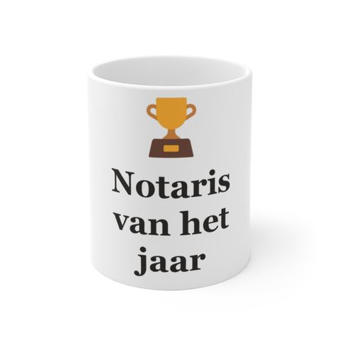 Mok met tekst “Notaris van het jaar” — cadeau voor een notaris