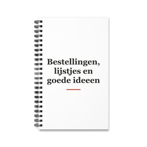 Notitieboek met tekst “Bestellingen, lijstjes en goede ideeen” — cadeau voor een ober