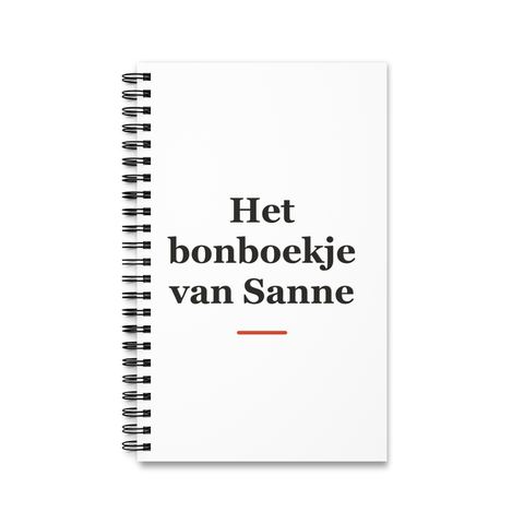 Notitieboek met tekst “Het bonboekje van Sanne” — cadeau voor een ober