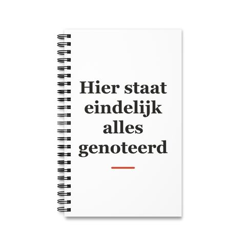Notitieboek met tekst “Hier staat eindelijk alles genoteerd” — cadeau voor een ober